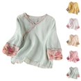 thumbnail image 1 of T-shirts en Coton et Lin pour Femmes Mode Été 2026 Manches Courtes Col en V Broderie Rétro, 1 of 3