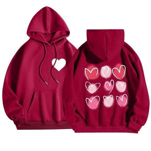 Women's Oversized Hoodie, Holiday Multi-Heart Pattern Oversized Hoodie Oversized Back Heart Pattern Hoodie Fall Winter Valentine's Day Heart Hooded Pullover, Wine M