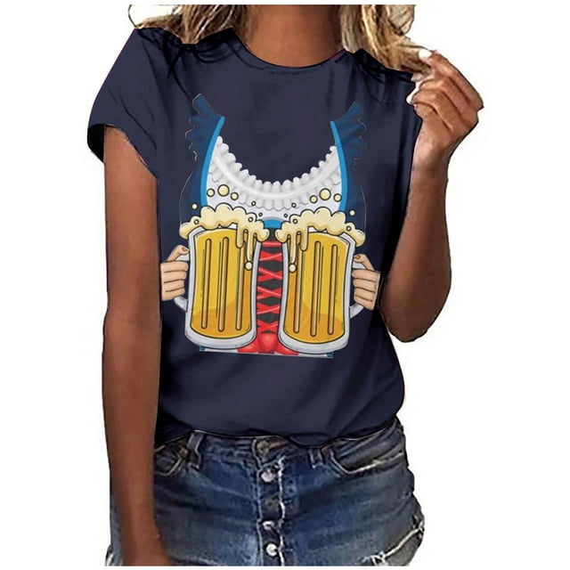 Pompotops Blouse Décontractée Mode Femme Imprimé Oktoberfest Col Rond T-Shirt Blouse Imprimée Tee Liquidation