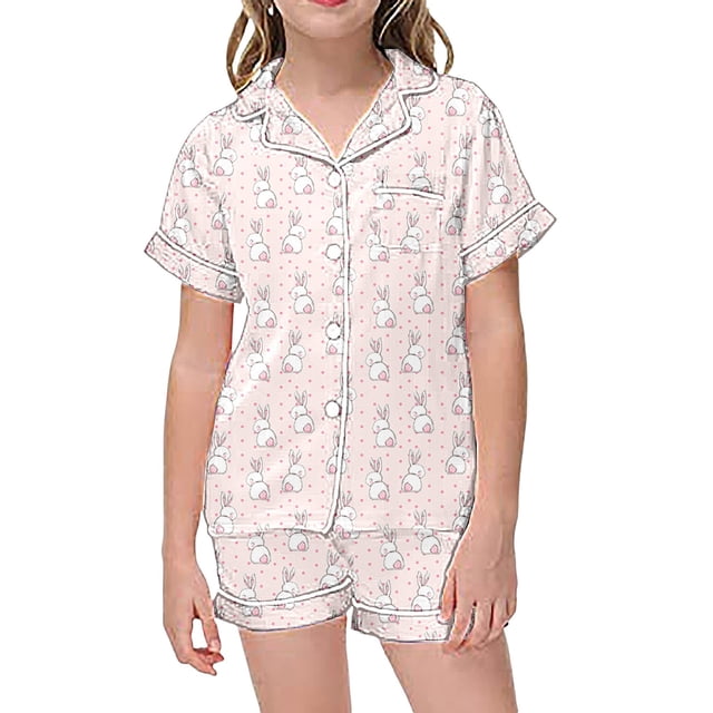 2025 Girls Outfits&Set 2 Piece Set Pajama 7/8 Outfit Set Summer for Children Graphic Clothe Size 7-8 Outfit Set Print Short Sleeve Button Top and Pant Set Shirt