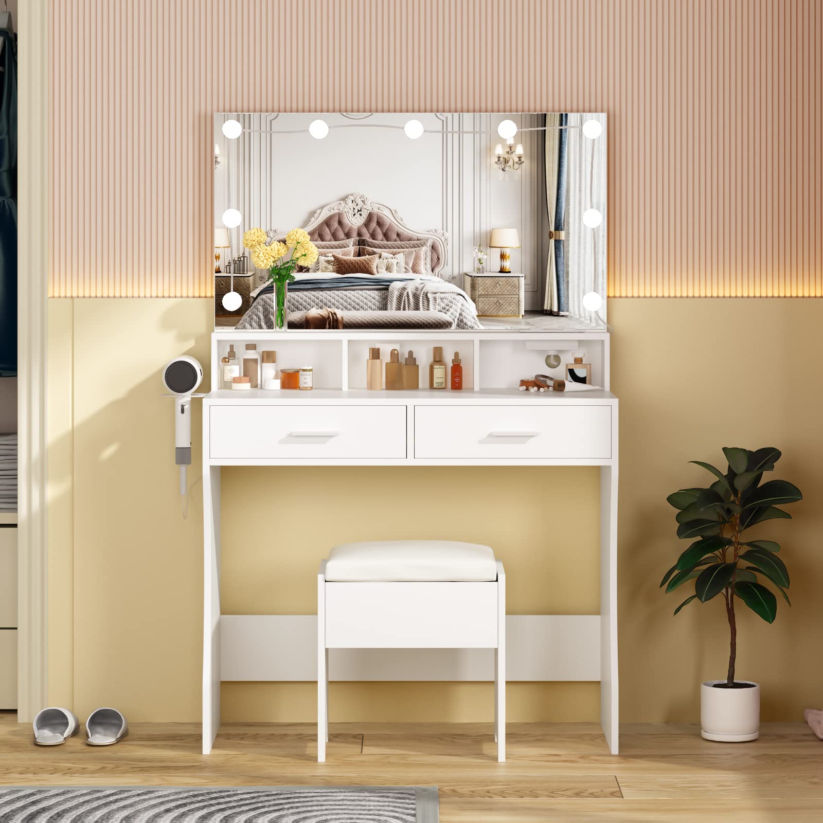 Makeup Vanity with Lighted Mirror & Power Outlet, White Vanity Set