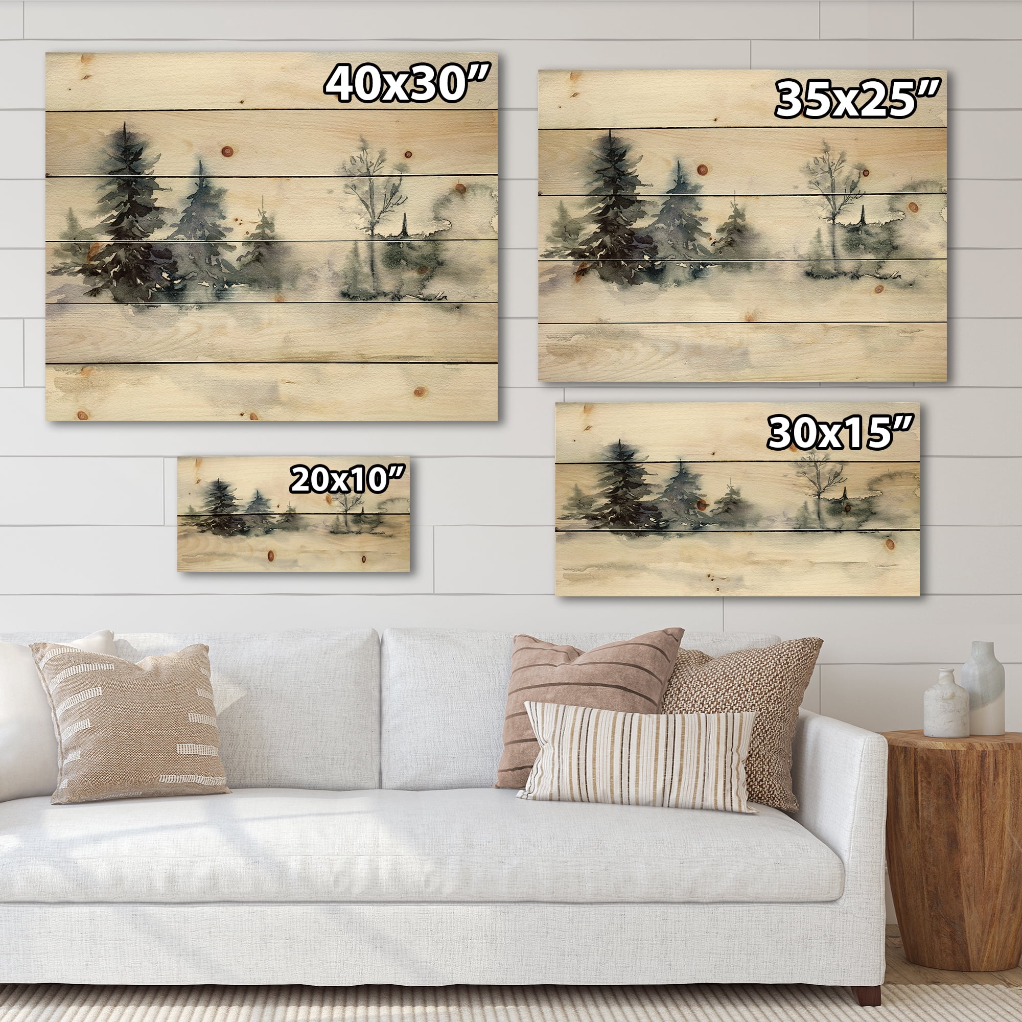 Designart 'Christmas Minimalistic Snow and Forest Landscape' Lake House Print on Natural Pine Wood