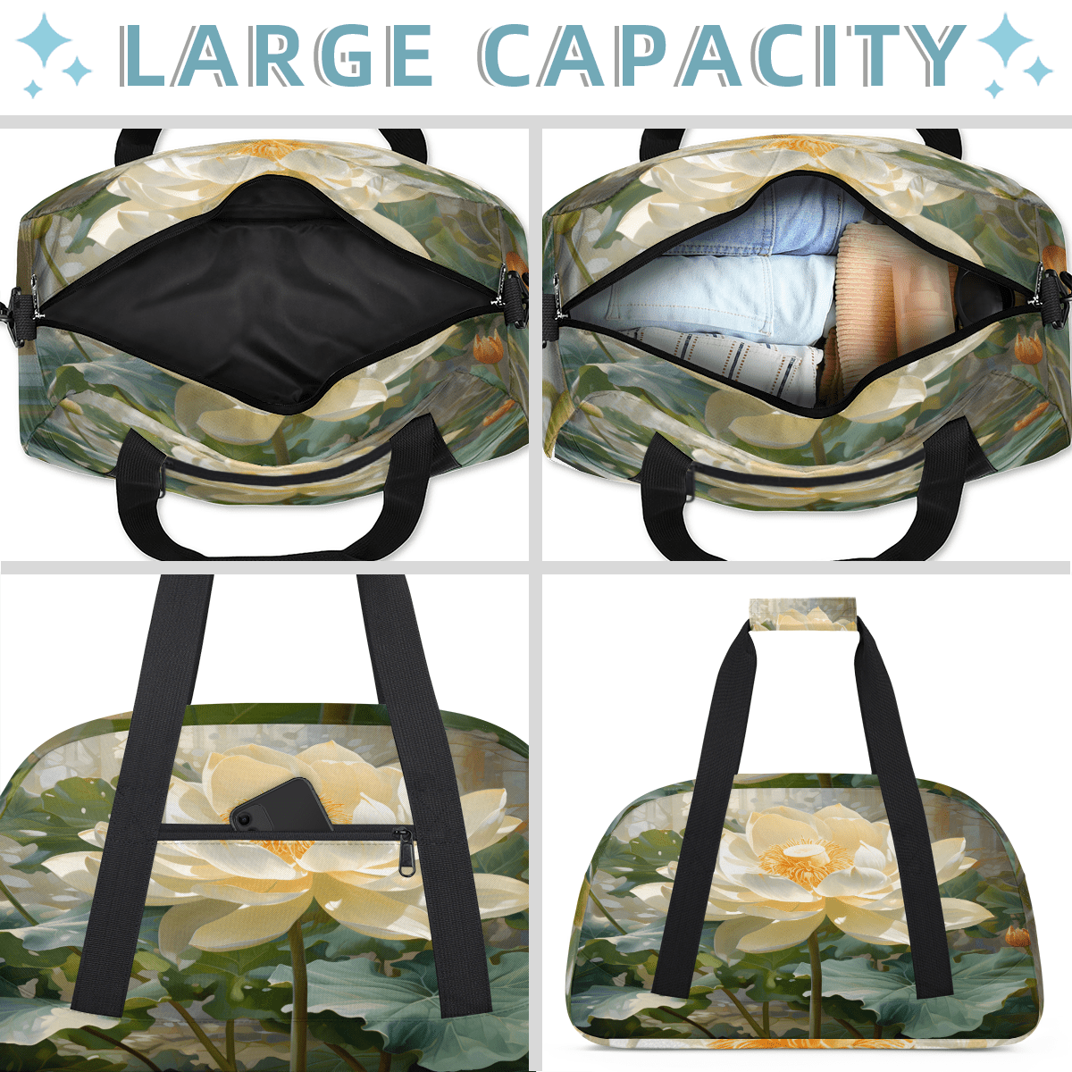 Herdesigns Lotus Sports Duffle Bag for Women & Men, Water Lotus Flowers Gym Bag Dance Bag Overnight Bag Carry On Weekender Travel Bag
