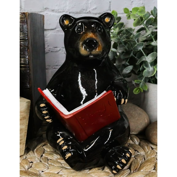 Rustic Western Whimsical Forest Black Bear Sitting and Reading A Book Figurine