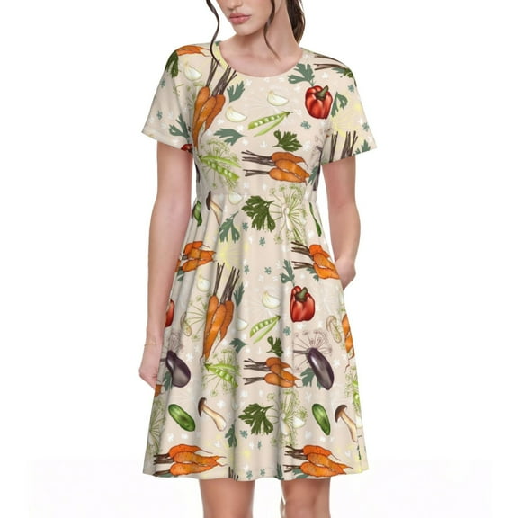 Defioc Cute Vegetables Pattern Womens Summer Dresses Short Sleeve Sundress 2025 Beach Vacation Dresses with Pockets -Small