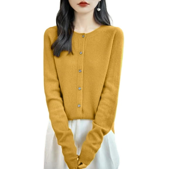 Women Solid Color Round Neck Long Sleeve Sweater Spring and Autumn All-Match Knitted Cardigan Jacket Mustard Yellow XXL