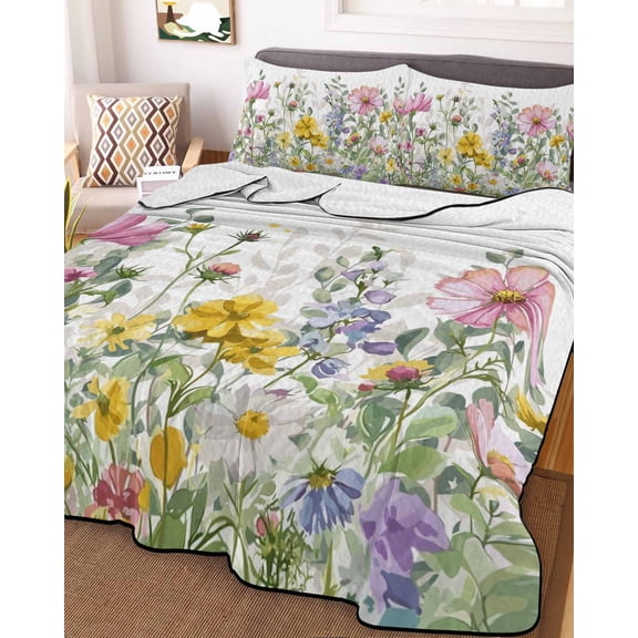 Spring Floral King Size Down Alternative Comforter,Lightweight Comforter Quilt Bedding Set with Pillow Shams Watercolor Flower Eucalyptus Leaves Botanical Bed Comforter Duvet Insert 96"x106"