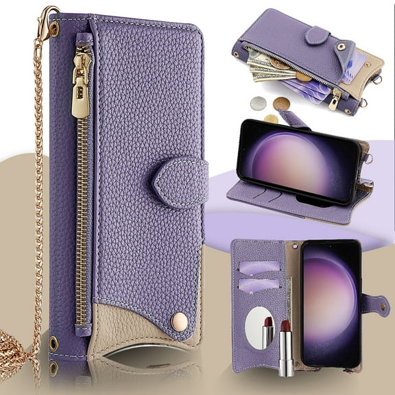 Allytechgroup Wallet Case for iPhone 13 Pro Max with Makeup Mirror, Detachable Metal Shoulder Strap Cards Slots Zipper Pocket Shockproof Protective Phone Case for iPhone 13 Pro Max, Purple
