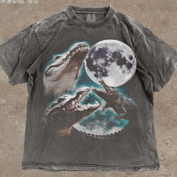 Three Alligator Moon Shirt, Funny Tee, Vintage Moonlit Tee, Reptile Gift Men Women, Grunge Crocodile Y2K T-Shirt, Animal Lover Top DARK HEATHER Unisex S-5XL Hot Trending Shirt, Vintage Birthday Gift