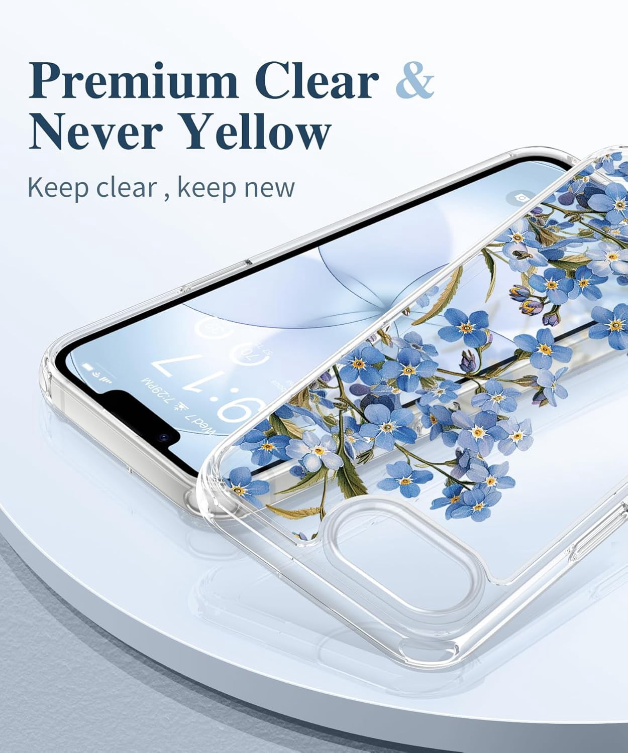 for iPhone 17e Case & iPhone 16e Case, [Non-Yellowing][Military-Grade Protection] Hard PC&TPU Bumper, Floral Shockproof Protective Clear Phone Case (Aconite/Blue)