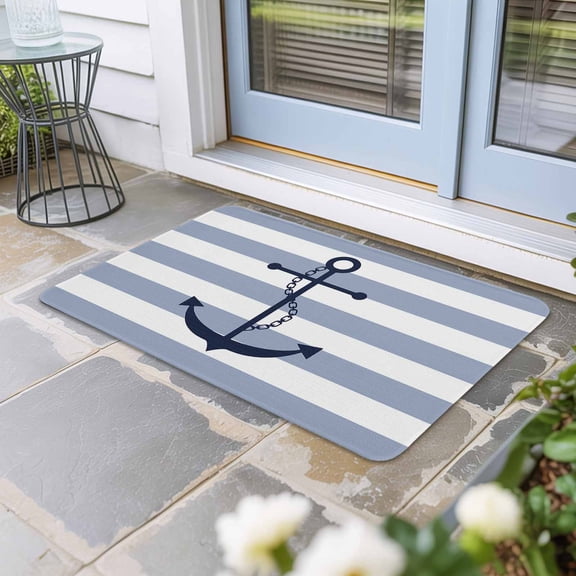 Blue White Striped Door Mat Indoor Outdoor,Navy Blue Beach Nautical Anchor Ocean Coastal Non Slip Welcome Mat with Rubber Backing,Absorbent Front Door Mats Entryway Rug for Home Entrance 18"x30"