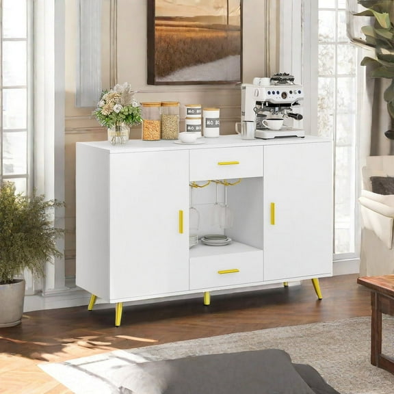 Uforic Sideboard Buffet with Doors& Drawers Buffet Cabinet with Adjustable Shelf& Wine Glass Holder, Modern Coffee Bar Cabinet for Living Room, Dining Room,White