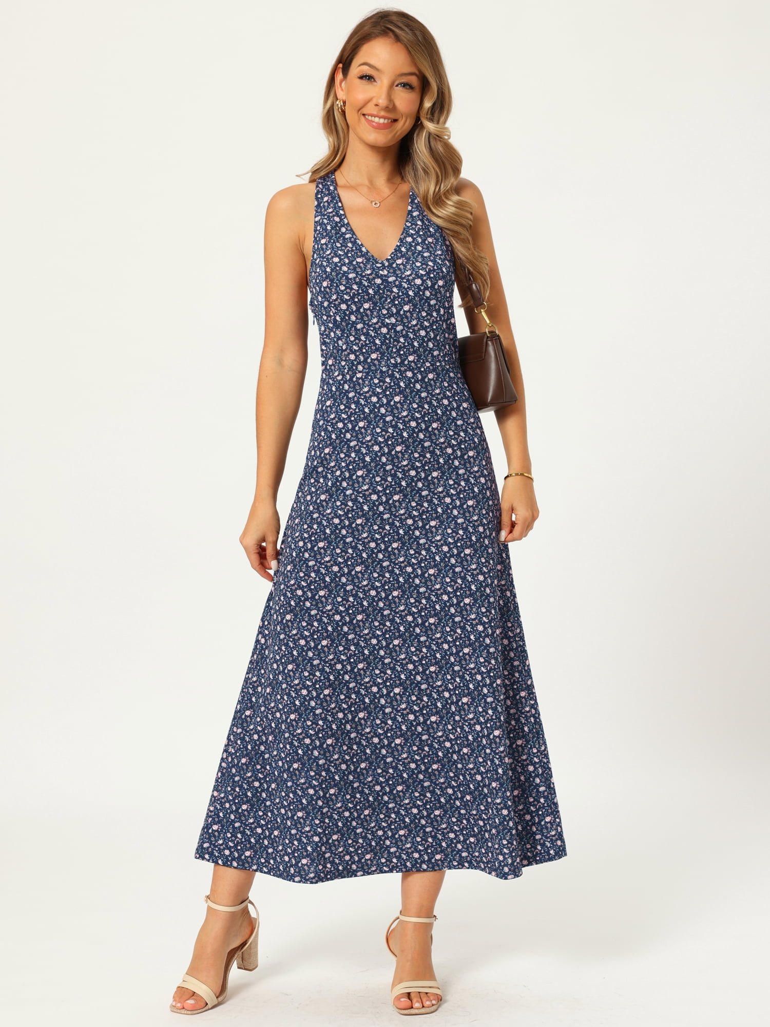 DARING DIVA Women's Halter Sleeveless A-line Maxi Floral Print Casual Sundress M Navy