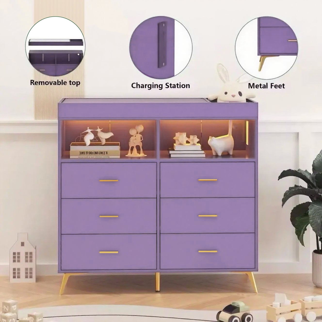 Baby Changing Table Dresser with 6 Drawers, Baby Nursery Dresser, LED Lights & Charging Station – Multifunctional Nursery Dresser with Removable Changing Top, Anti-Tip Design