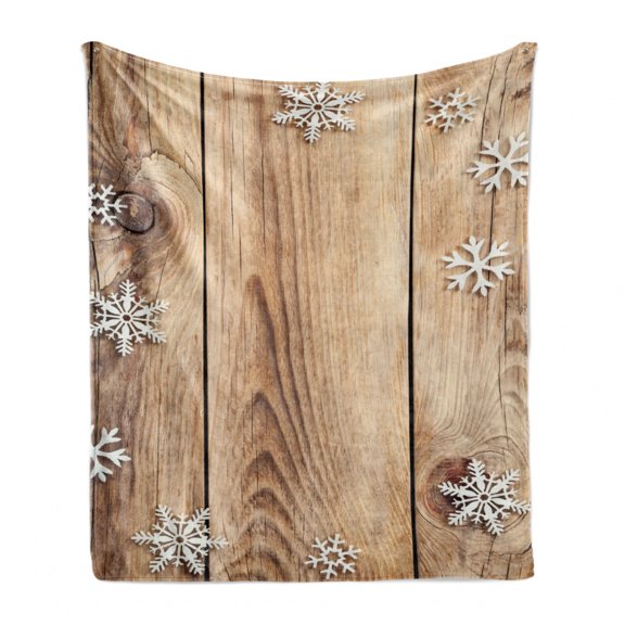 Christmas Soft Flannel Fleece Throw Blanket, Rustic Wooden Planks Texture Image with Snowflakes Country, Cozy Plush for Indoor and Outdoor Use, 60" x 80", Brown Pale Brown White, by Ambesonne