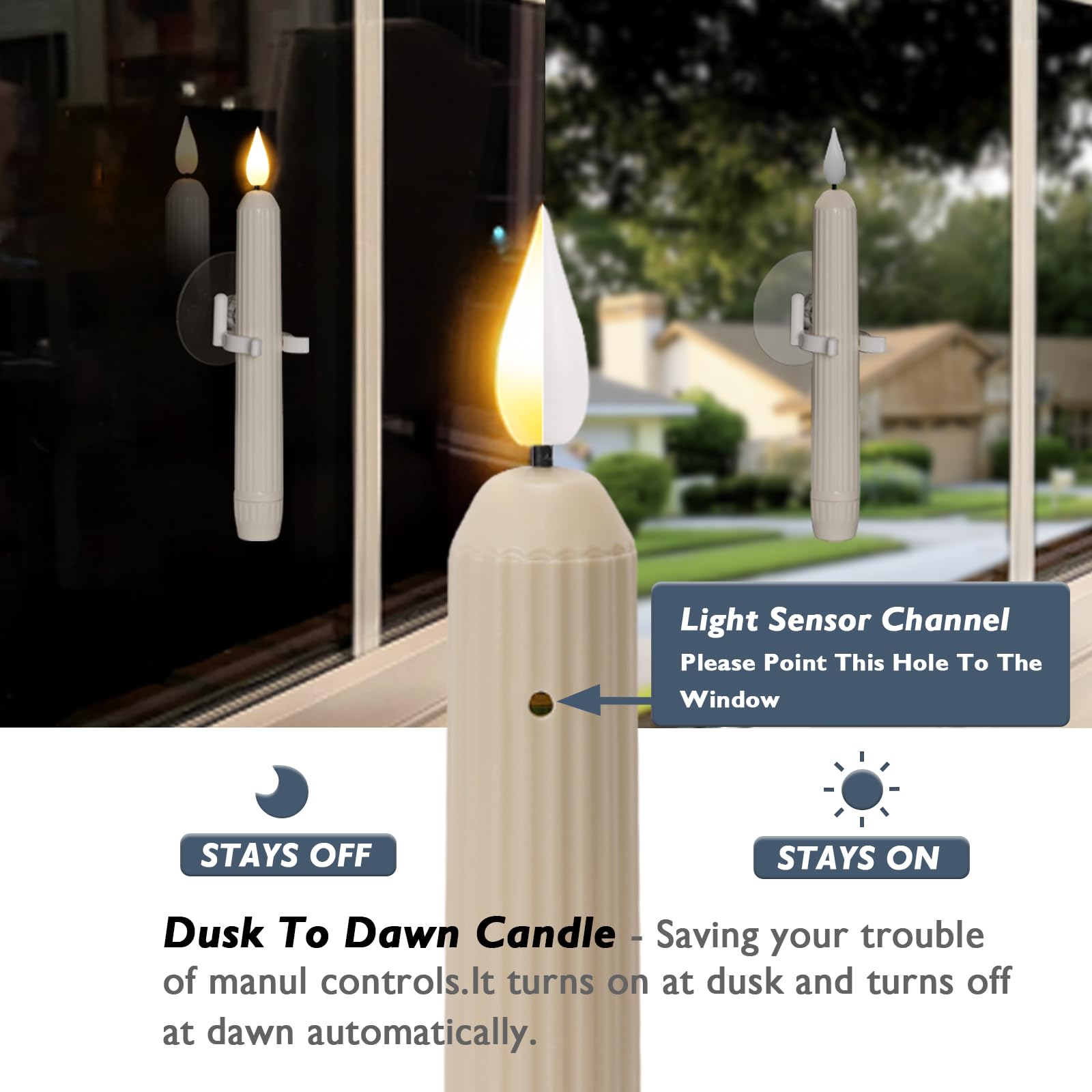 Premium 6-Pack Christmas Window Candles - Roman Column Battery Operated Candles with Dusk-to-Dawn Sensor & Suction Cups, Ivory Striped Flameless Taper Candles for Holiday Decor