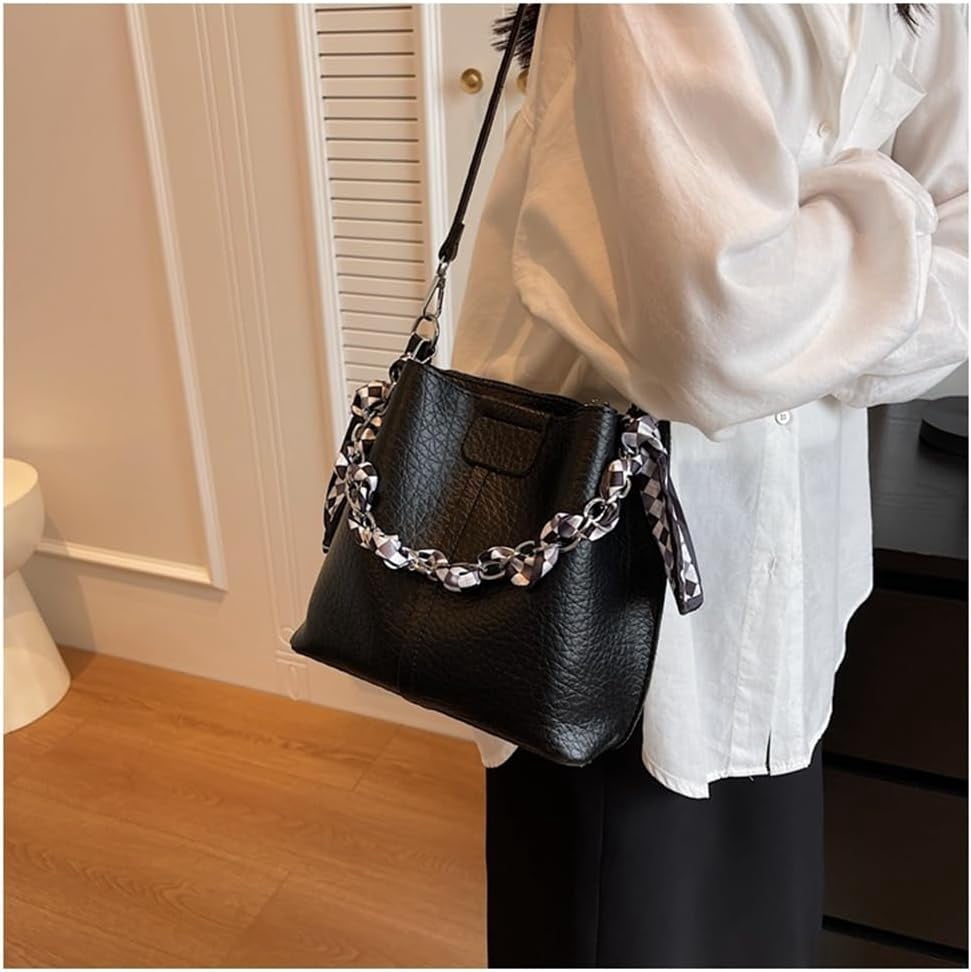 Leather Bucket Bag with Thick Chain for Women Hobo Bucket Bags and Purses Casual Crossbody Shoulder Bucket Handbag