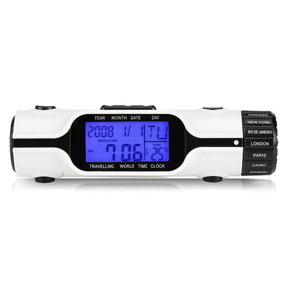 VIFERR World Time Travel Clock- Digital Calendar Day Clock Flashlight LED Digital World Time Travel Alarm Clock Thermometer Covering 18 Time Zones