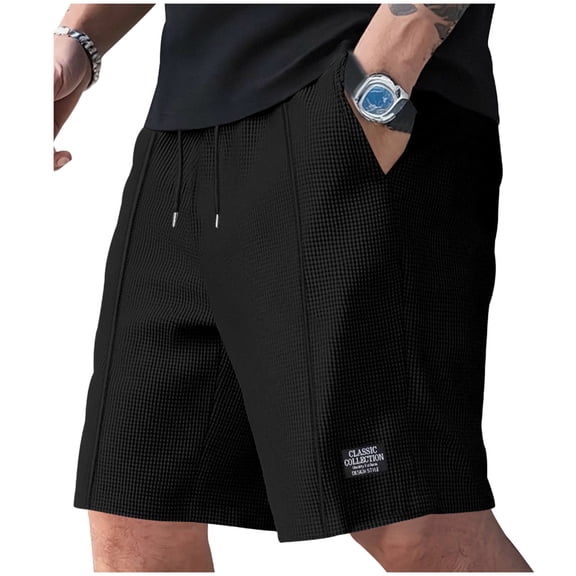 Men's Biker Shorts Casual Solid Color Drawstring Wide Leg Spandex Elastic Waist Gym Shorts with Pockets Black S-3XL