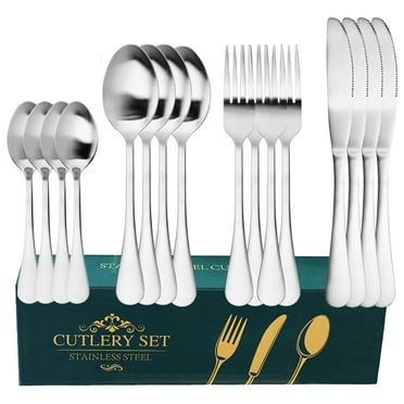 16-Piece Stainless Steel Silverware Flatware Set - Includes Fork, Spoon, Knife, and Steak Knives for Kitchen, Restaurant, and Tableware. Mirror Finished, Dishwasher Safe.