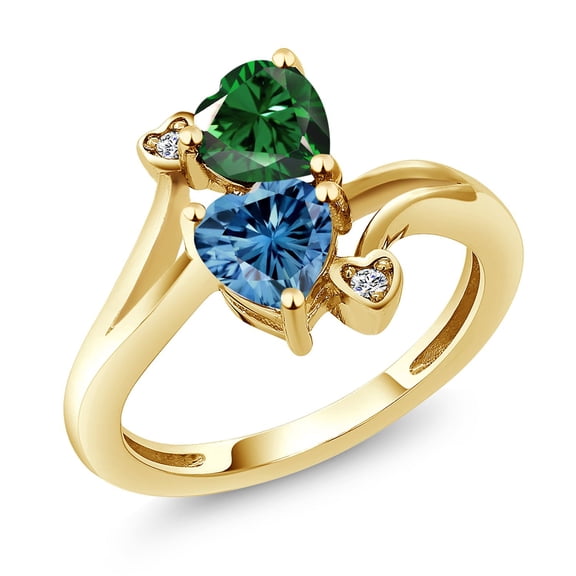 Gem Stone King 18K Yellow Gold Plated Silver Green Nano Emerald Persian Blue Moissanite and White Lab Grown Diamond Ring for Women (1.53 Cttw, Heart Shape 6MM, Gemstone Birthstone, Size 8)