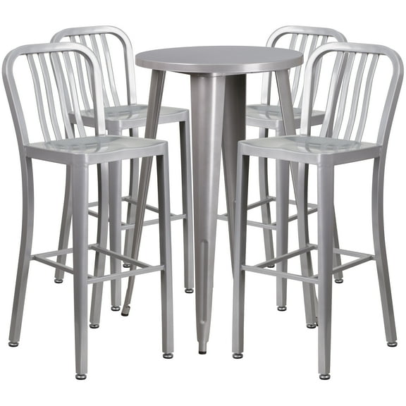 Flash Furniture Richard Commercial Grade 24" Round Silver Metal Indoor-Outdoor Bar Table Set with 4 Vertical Slat Back Stools