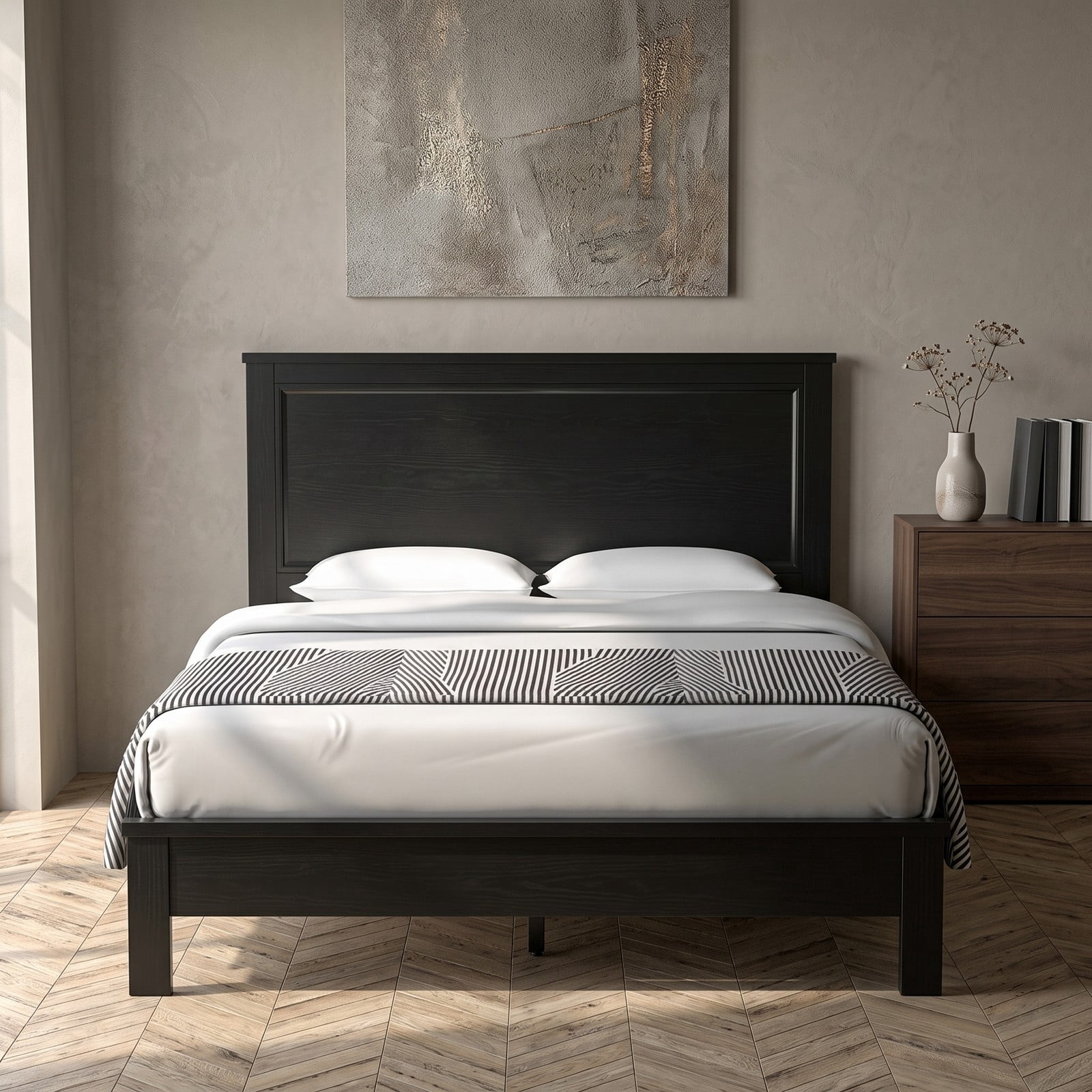 Furnibear Queen Size Bed Frame, Wood Platform Bed Frame with High Slatted Headboard and Rubber Wood Legs, Queen Bed Frame No Box Spring, Espresso