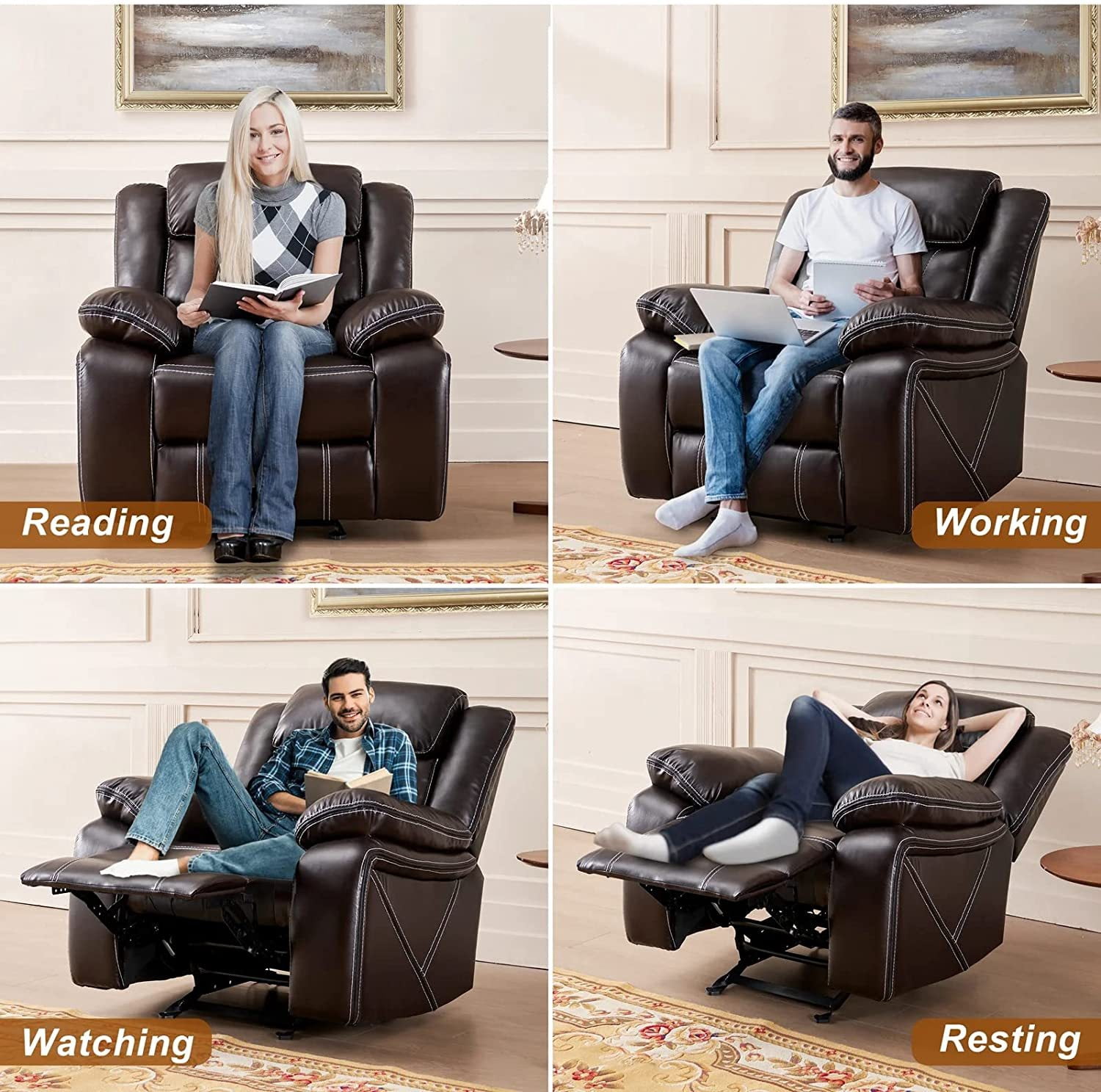 Dazone Recliner Chair with Breathable Bonded Leather, Classic Single Sofa Home Theater Seating Manual Rocker Recliner, Reclining Rocking Function for Living Room Bedroom Guest Room Study Room Brown