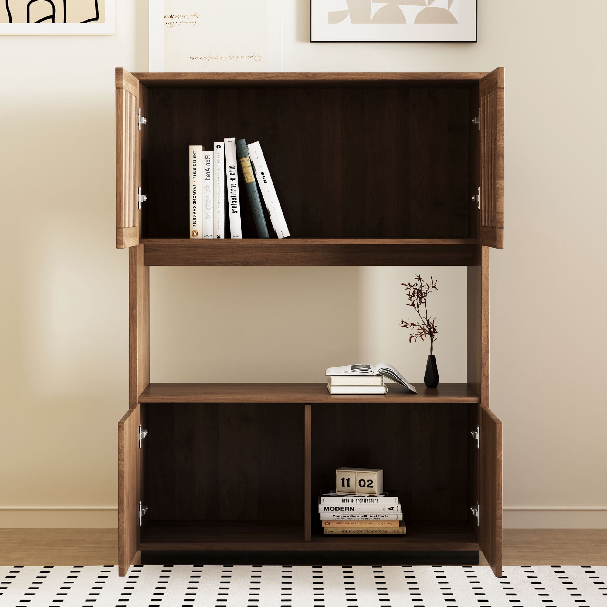 NessCarsti Modern Storage Cabinet, 4 Doors, Shelves, Walnut Brown, 33.46"