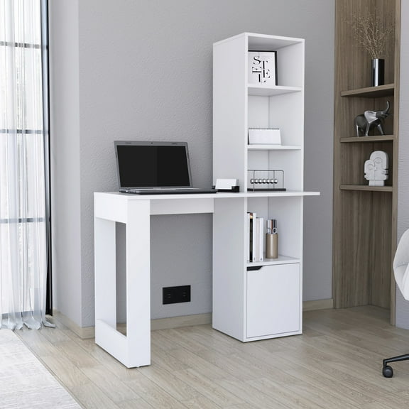 4 Bookcase Computer Desk With 1 Cabinet For Productive Home Office, White Rectangular And Elegant Storage