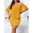 thumbnail image 4 of Mustard Yellow Plus Size Off-Shoulder Fitted Mini Dress With Sheer Flounce Overlay, 4 of 7