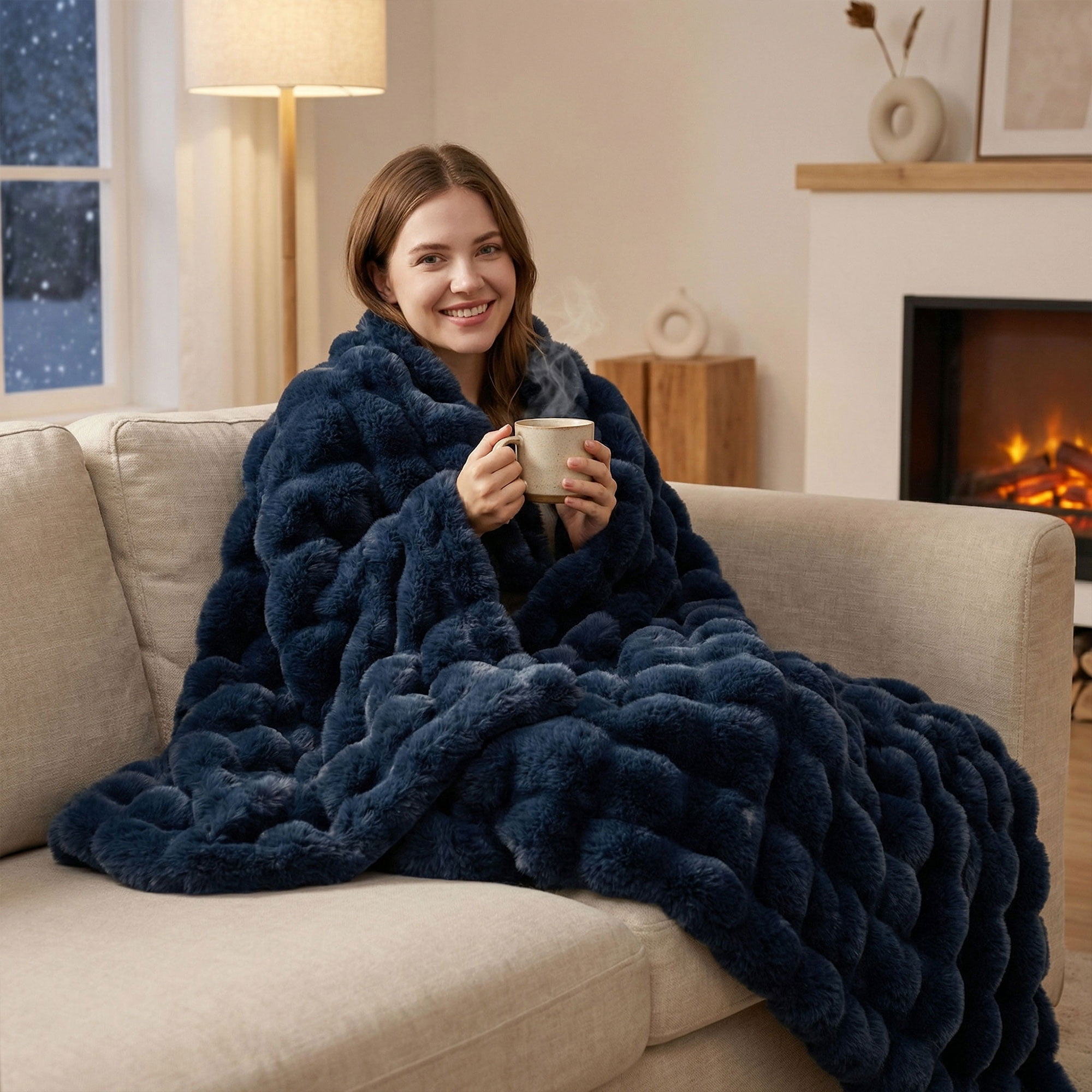 JONIYEAR Soft Solid Decorative Fuzzy Bubble Faux Rabbit Fur Throw Blanket for Couch 50" x 60", Double Sided Cute Plush Thick Warm Fluffy Blanket,Luxury Cozy Puffy Shaggy Comfy Furry Blanket,Navy Blue
