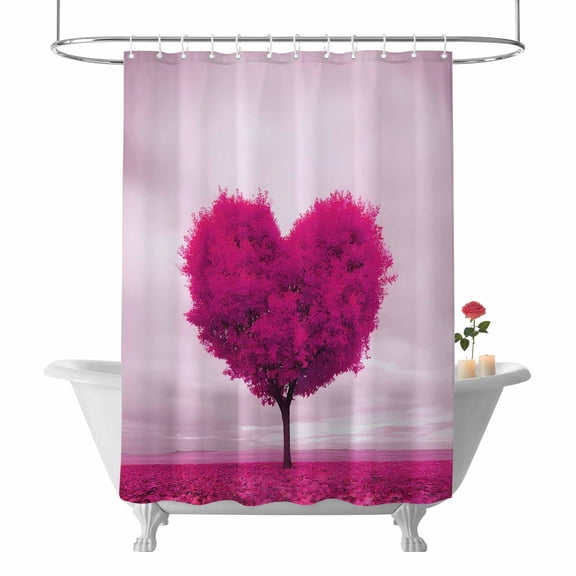 Valentine's Day Shower Curtain Pink Love Heart Tree Bathroom Curtains with Hooks, Waterproof Fabric Romantic Sweet Bath Shower Curtains Set for Bathroom Bathtubs Valentines Decor 72x72 Inch
