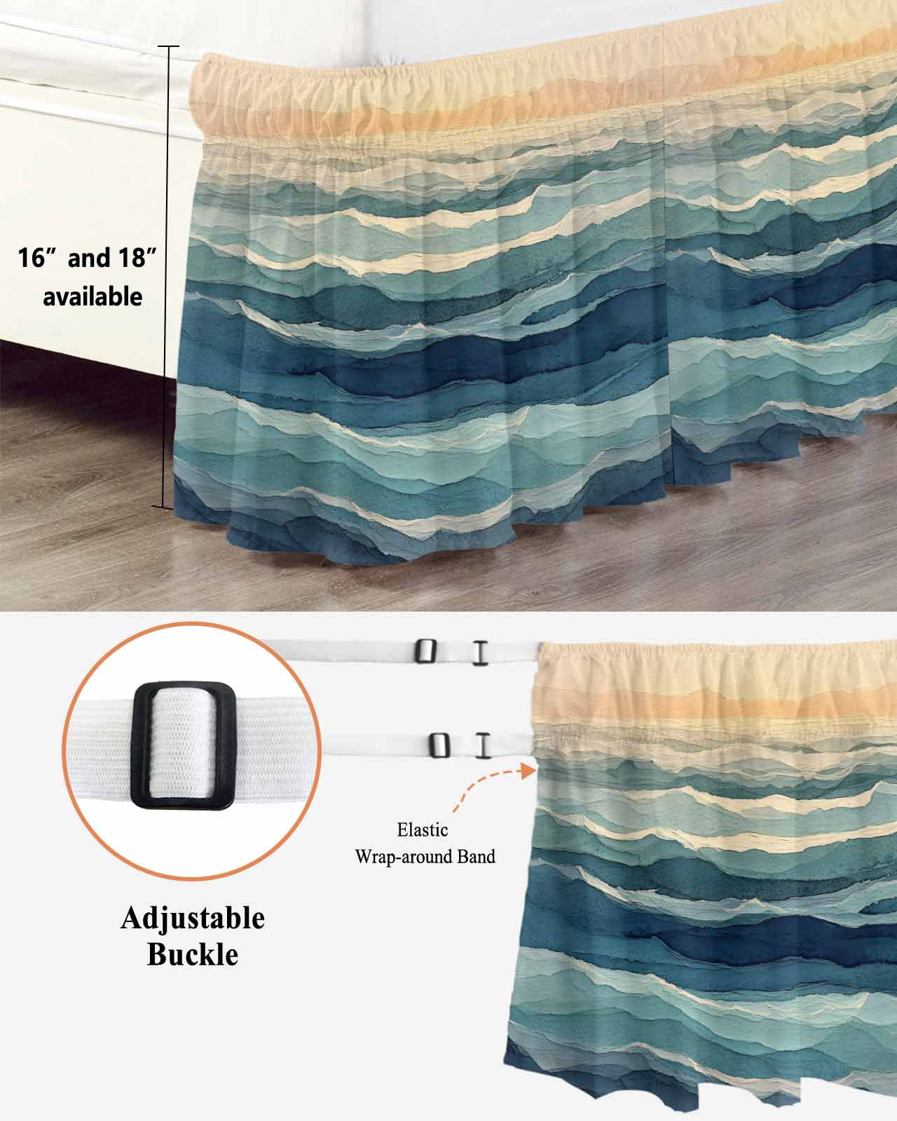 Abstract Ocean Bed Skirt California King Size 18 Inch Drop, Dark Blue Ripple Sunset Minimalist Art Wrap Around Dust Ruffle Bedskirts, Easy Fit Bedskirt with Adjustable Elastic