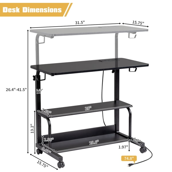 Black Wood Grain P2 15MM Particle Board Adjustable Computer Desk - 3 USB + 2 AC Outlets, for Students & Office Use