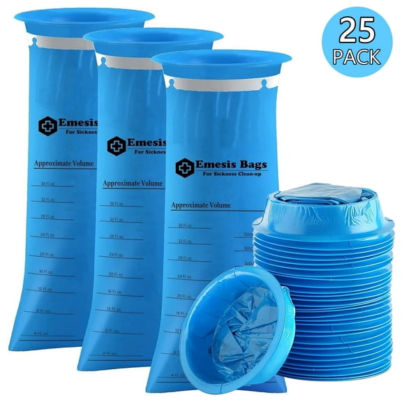 Tripumer Vomit Bags – 25 Pack 1000ml Emesis Bags – Portable Motion Sickness Cleaning Bags, Leak Proof Emergency Disposal Bags - Blue