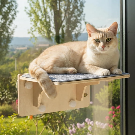 Petyoung 2-in-1 Cat Window Perch & Wall Shelf with Washable Cover Mat, Solid Wood, Strong Suction Cup, Cat Hammock  for Kitten, 16"x10"