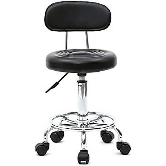 YOSHIKO PU Leather Round Rolling Salon Stool with Back and Line, with Foot Rest Swivel Height Adjustment Spa Drafting Salon Tattoo Work Office Massage Stools Task Chair Small (black)