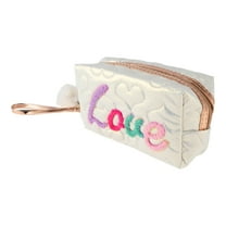 1 Pc Women Embroidered Love Makeup Bag for Travel Vacation Camping Pink White PU