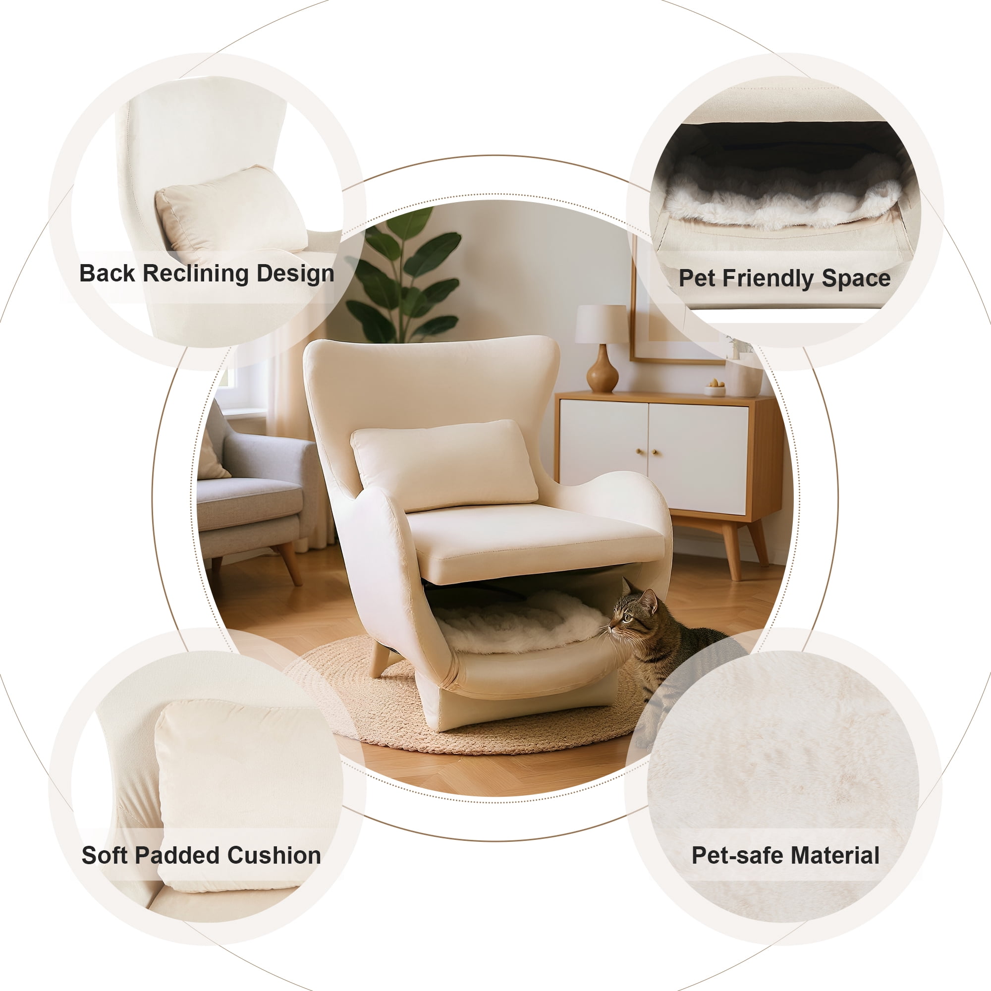 Euroco Furniture Style 2 in 1 Pet Friendly Modern Velvet Lounge Chair, Upholstered Back Accent Chair Leisure Single Sofa Chair for Living Room Office, White