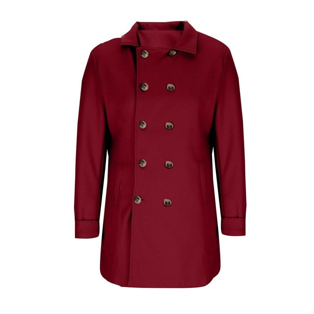 Lovzfmll Men's Wool Blend Trench Coat Double Breasted Mid-Length Notched Lapel Red, 2XL