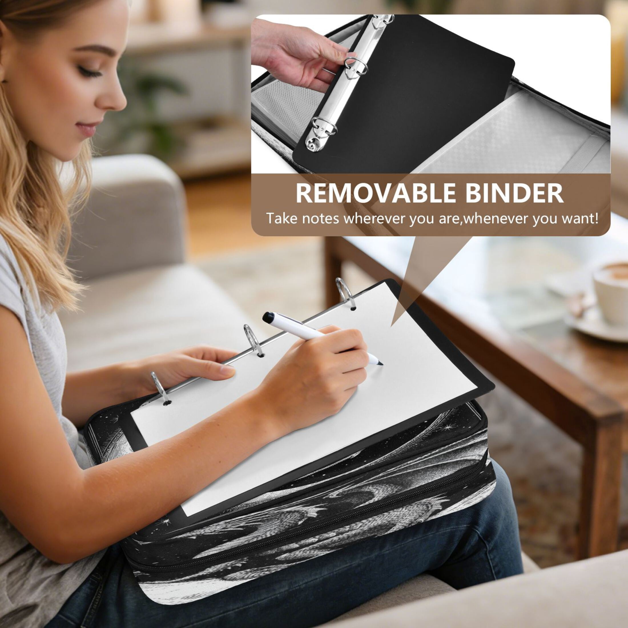 3 Ring Zipper Binder with Accordion File Organizer Waterproof Back to College Binder - 7 Layer Document Organizer for Study Home Office College Travel Supplies A Black Dragon