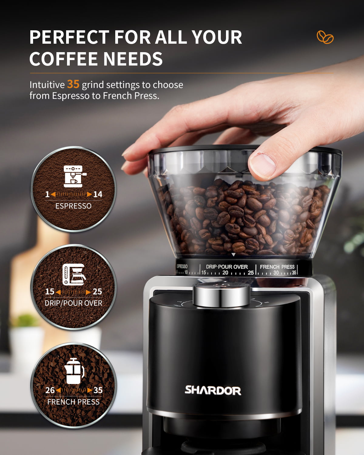 SHARDOR CG018 Conical Burr Coffee Grinder for Espresso,Touchscreen Electric  Adjustable ,51 Precise Settings, Black. 
