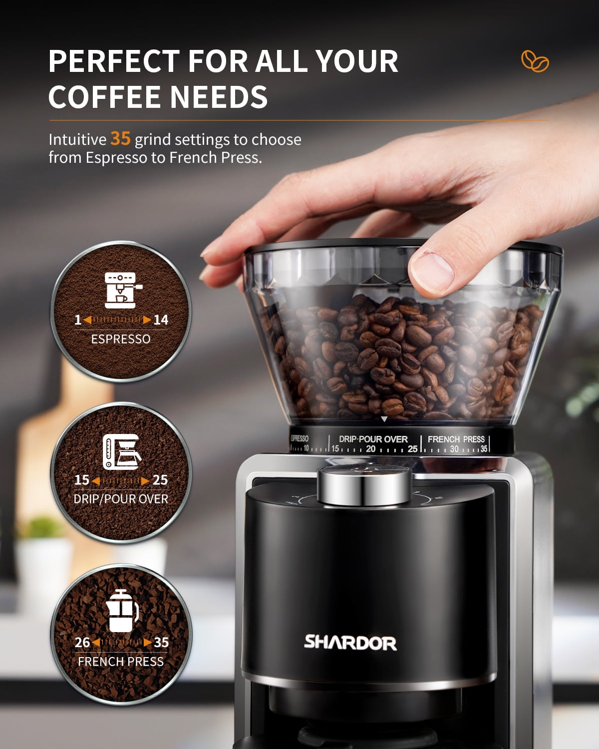 SHARDOR CG835 Adjustable Burrs Electric Coffee Grinder, 16 Precise