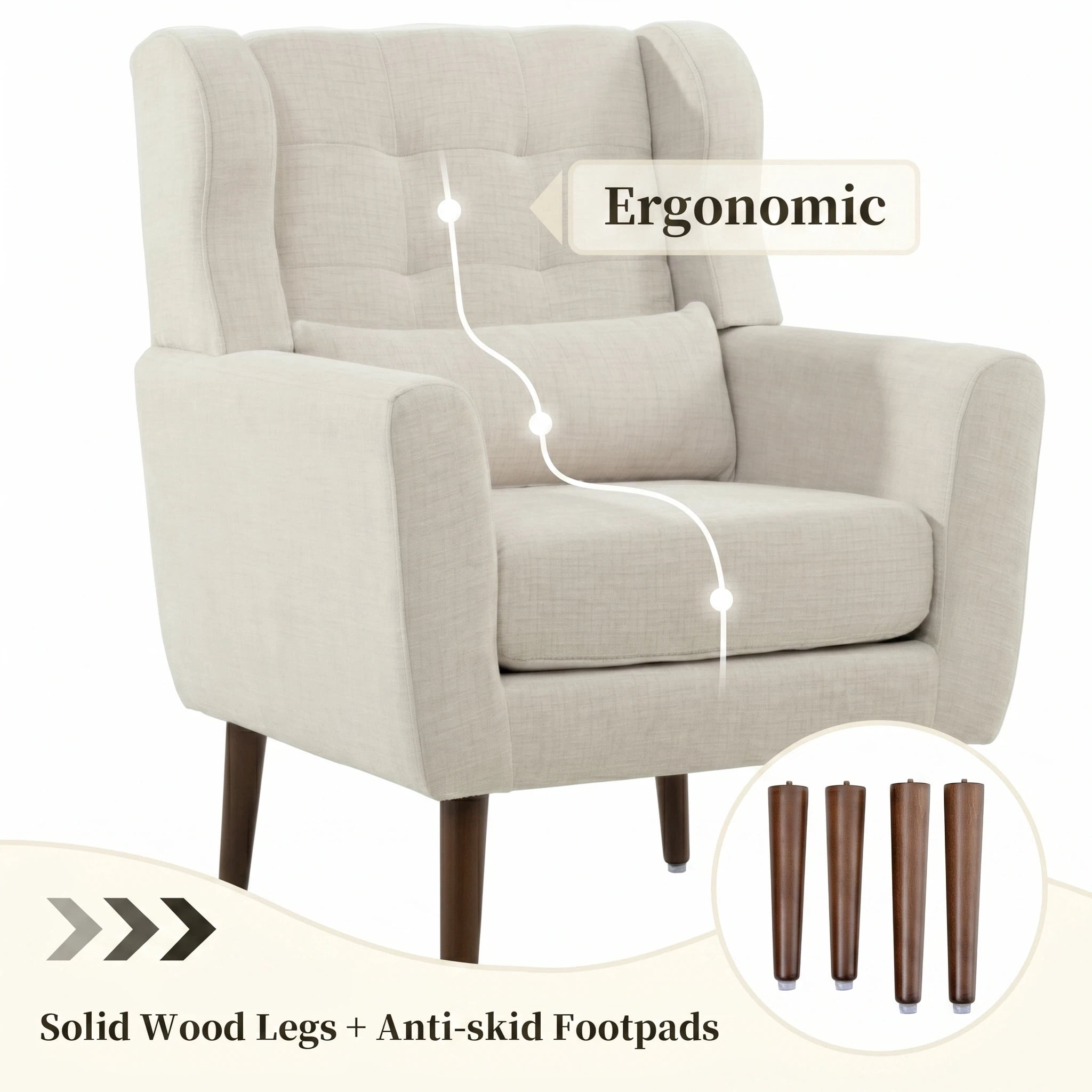AISWORD Modern Accent Chair, Upholstered Armchair with Pillow, Fabric Single Sofa Chair with Lounge Seat and Wood Legs Accent Chair for Living Room Bedroom Small Spaces, Beige