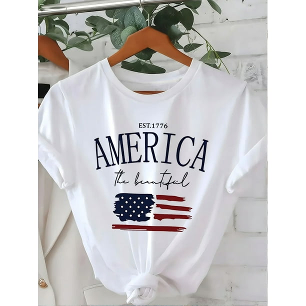Ladies Patriotic American Flag & 1776 Vintage Printed Short Sleeve T-Shirt, Casual Crew Neck Top, Machine Washable Four Seasons Comfort, American Flag T-Shirt, Opaque Fabric, Regular Version Shirt