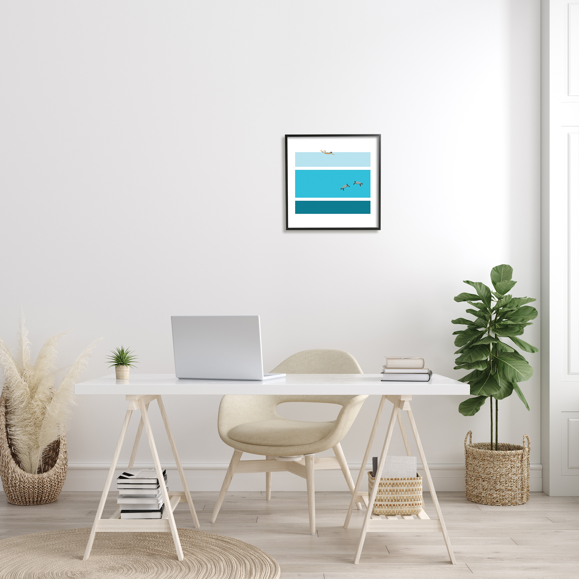 Sea Turtles Under Scuba Diver Geometric Blue Stripes Animals & Insects Framed Art Print Wall Art, 17x17