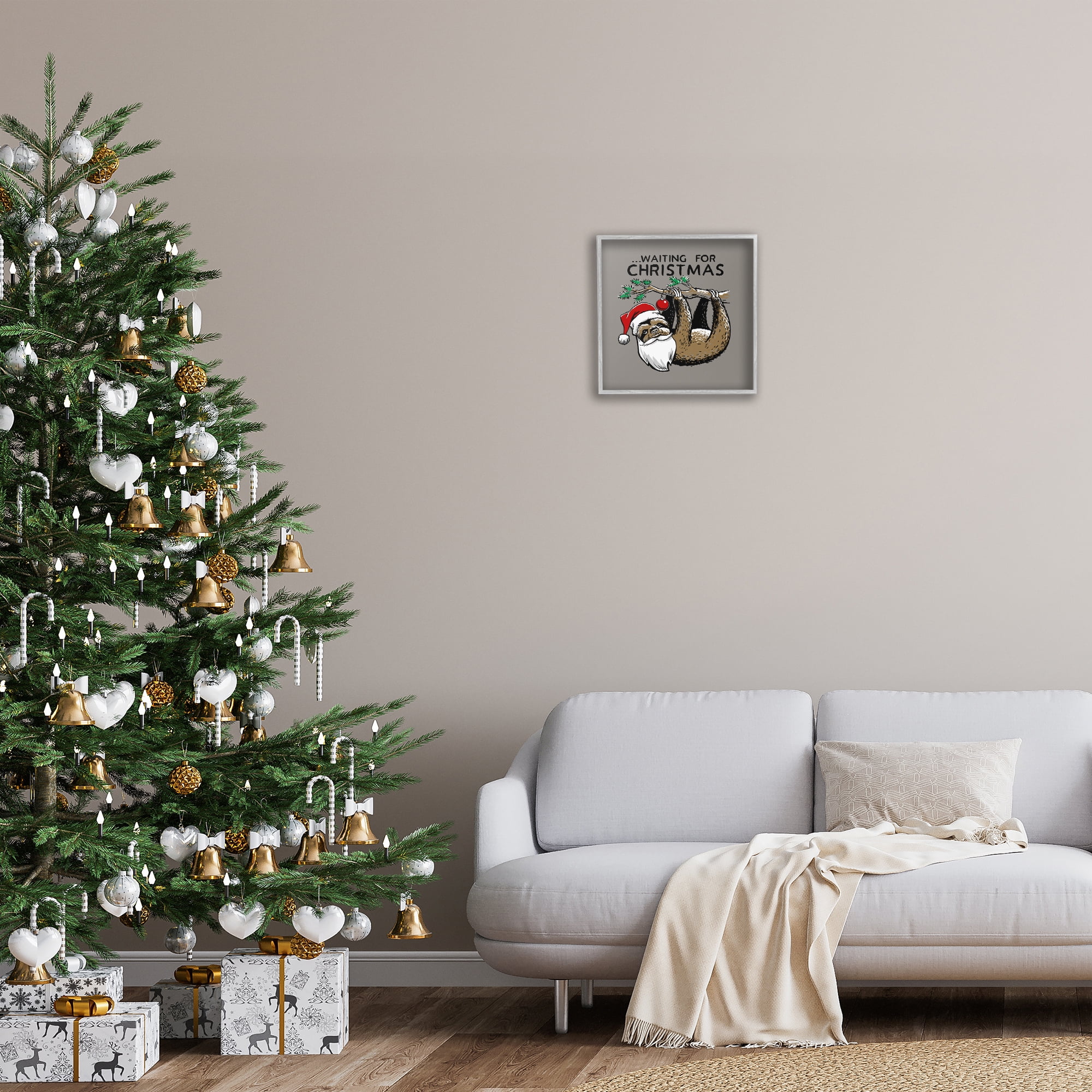 Stupell Industries Santa Christmas Sloth Holiday Painting Gray Framed Art Prints Wall Art, 17 x 17
