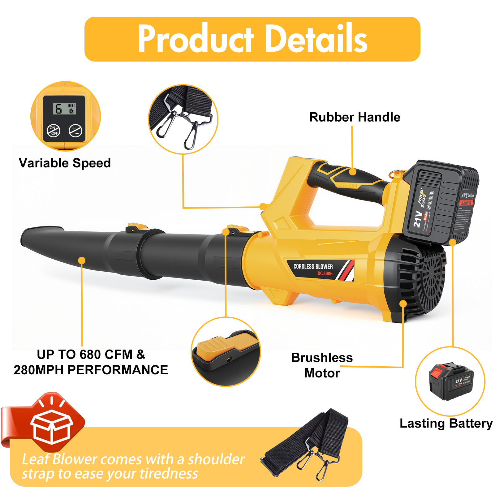 Leaf Blower with Battery & Charger, 21V Cordless Leaf Blower with 2x6.0 Ah Battery, Electric Leaf Blower with 6 Speed Mode, 280MPH Battery Operated Leaf Blower for Patio Garden Lawn Cleaning