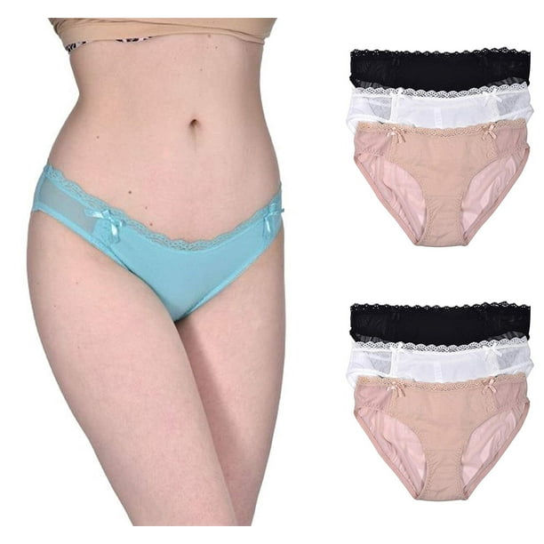 Elle Elle Women's Bikinis Panties 6Pack Cotton/Spandex Bikini Lace Waistband Mesh Sides
